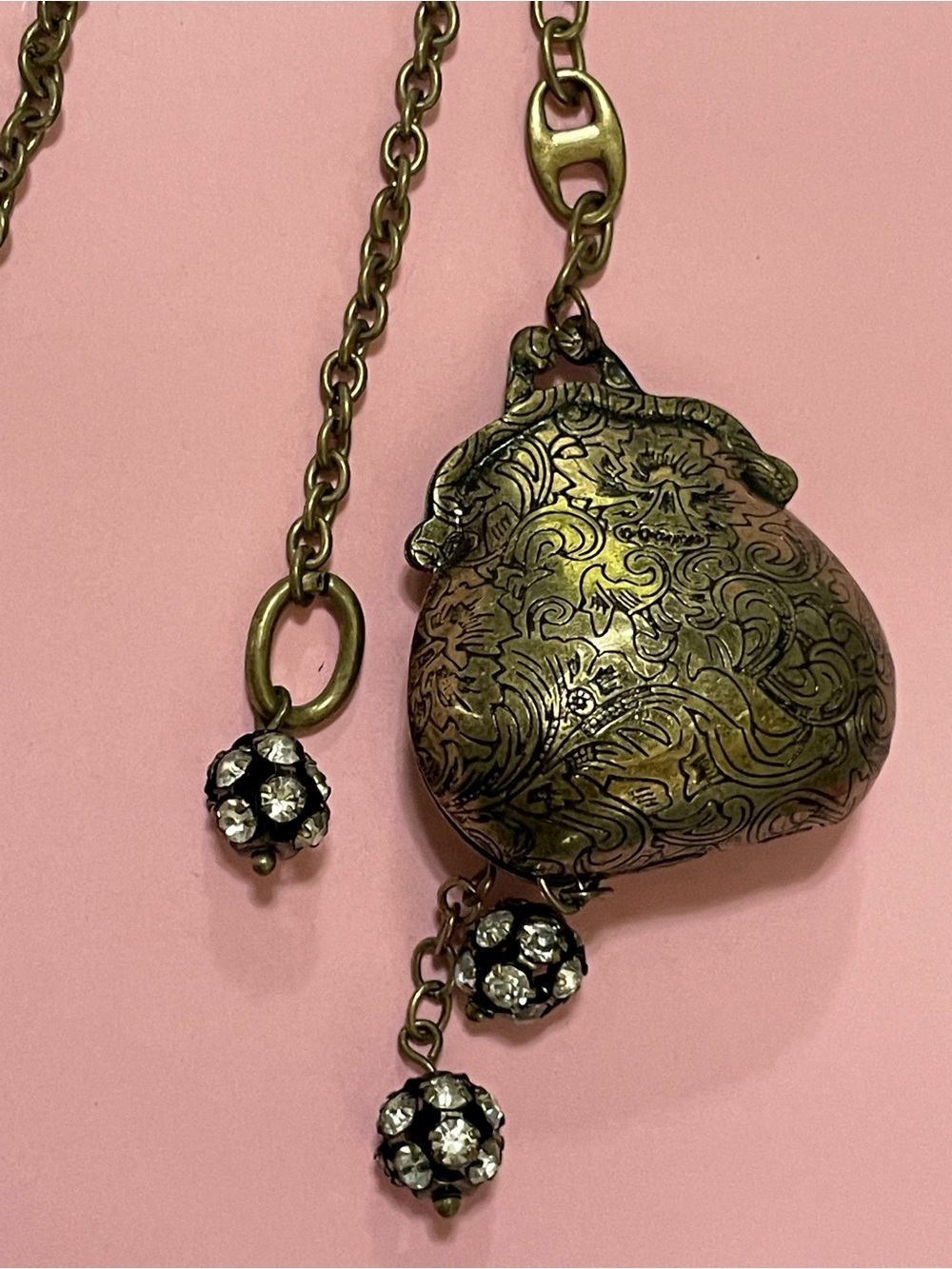 Brass Tone Purse Extra Long 3D Purse W/ Dangling Rhinestone Charms #7511